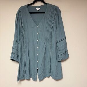 J. Jill Tunic Women XL Blue Excellent Embroidered Pintuck Rayon V-Neck Top